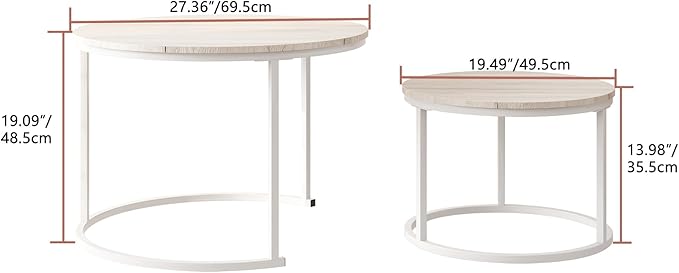 HOJINLINERO Round Coffee Table,Nesting Coffee Table Set of 2,Center Tables for Living Room,Office, Home Small Space,Stacking Side Tables,Sturdy and Easy Assembly,Wood Desktop,Oak+White,Large