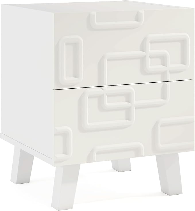 Giantex Mid Century Modern Nightstand, 2-Drawer Bedside Table with 3D Geometric Patterns, Accent Sofa Side Table, Night Stand for Small Space, Bedroom, White by Giantex