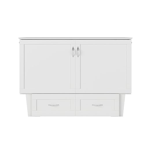 AFI, Chelsea Mid-Century Modern Full Wood Murphy Bed Chest with 6" Mattress, Storage Drawer & Built-in USB Charger, White