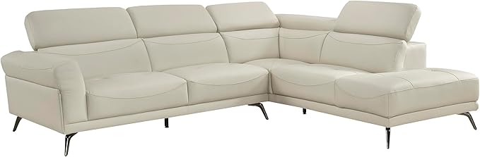 Lexicon L-Shaped Sectional Couch with Right Chaise, Top Grain Leather Match Sectional Sofa, Adjustable Headrests, Black Chrome Metal Legs, High-Density Cushions, Stitching, for Living Room, Beige