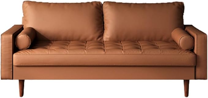 Womble Mid Century Modern Couch with Bolster Pillows, PU Leather Upholstered Tufted Seat, Versatile Retro Design for Comfortable Living Spaces, Loveseat, Sofa, Coffee Brown