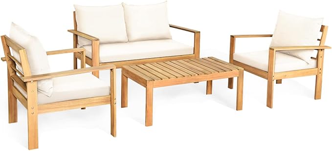Tangkula Outdoor 4-Piece Acacia Wood Chat Set, 4 Seater Acacia Wood Conversation Sofa and Table Set with Water Resistant Cushions, Teak Finished (1, White)