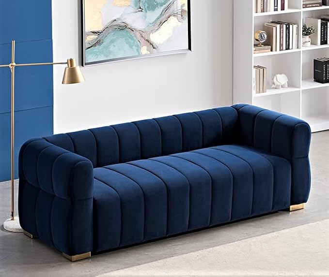 Art Deco Velvet Sofa with Tufted Low Back Design, Sophisticated 3 Seater Couch for Living Rooms, 89 Inch Wide, Easy Assembly, Blue