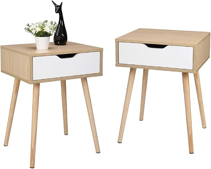 Bonnlo Wood Nightstands Set of 2 End Side Table with Spacious Drawer & Solid Wood Legs for Livingroom, Bedroom, Dorm by Bonnlo