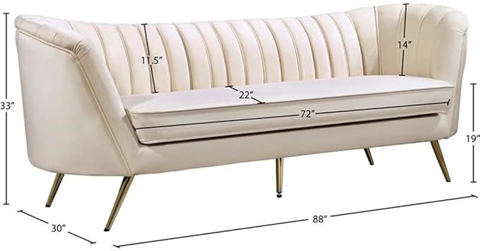 Meridian Furniture Margo Collection Modern | Contemporary Velvet Upholstered Sofa with Deep Channel Tufting and Rich Gold Stainless Steel Legs, Cream, 88" W x 30" D x 33" H