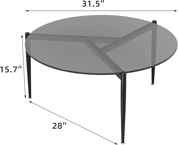 Round Tempered Glass Table 31.5 inch Large Circle Top Metal Frame Grey