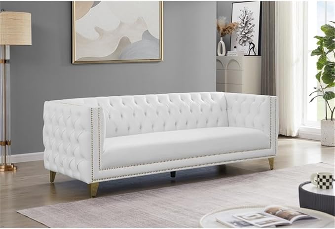 Meridian Furniture 651White-S Michelle Collection Modern | Contemporary Sofa with Deep Button Tufting, Gold Nailhead Trim and Sturdy Gold Iron Legs, White Vegan Leather, 90" W x 34" D x 30" H