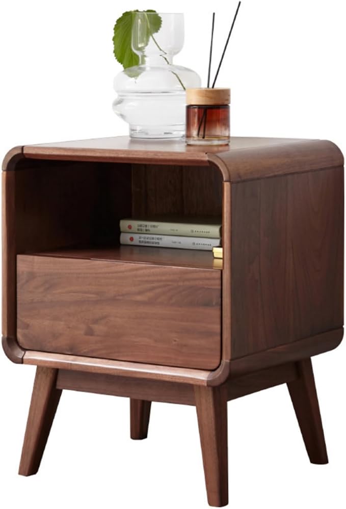 100% Solid Walnut Nightstand with Drawer, Mid-Century Nightstand with Open Storage, Wood Bedside Table for Bedroom,(19.68" H) by Wayshome