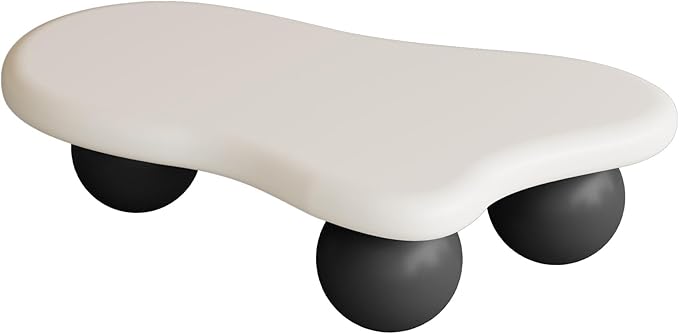 47.2” Cloud Coffee Table with 3 Ball Legs, Modern Irregular Center Table for Living Room, Low Cute Small MDF Tea Table for Bedroom, Space Apartment-White Black