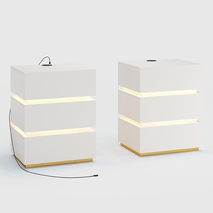 homary LED Smart Nightstand Set of 2 with Wireless Charging, USB & Type-C Ports – Modern White Bedside Table with Storage and Adjustable Light, Bedroom Night Stand with 3-Drawer - Image 9