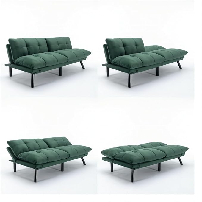 Ball & Cast 71" Futon Sofa Bed, Mordern Upholstered 2 Seater Couch with Adjustable Backrest,Folding Loveseat with Metal Legs for Living Room,Office,Emerald