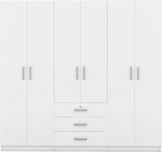 6 Door Armoire Wardrobe Closet with Big 3 Drawers, Wooden Freestanding Bathroom Armoire Cabinet with Shelves and Hanging Rod, Clothes Storage Organizer for Bedroom, Guest Room (White-8)