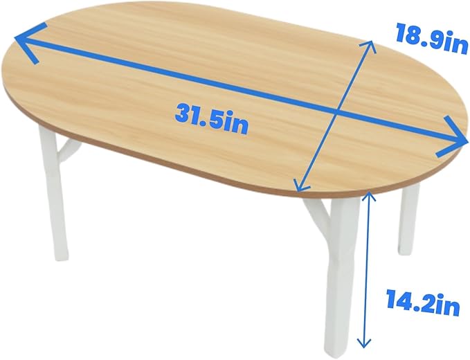 Folding Coffee Table, Small Collapsible Coffee Table, Portable Low Floor Tables with 4 Foldable Legs, Foldable Round Center Tables Living Room, Home, Office, No Assembly 31.5 x 18.9 x 14.2 in (Wood)