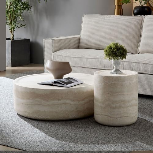 39.37" Round Coffee Table in Faux Marble, Stone Coffee Table, Modern Fiberglass Drum Table, Center Table for Living Room, No Assembly.