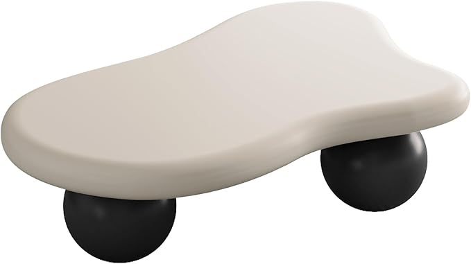 47.2” Cloud Coffee Table with 3 Ball Legs, Modern Irregular Center Table for Living Room, Low Cute Small MDF Tea Table for Bedroom, Space Apartment-White Black