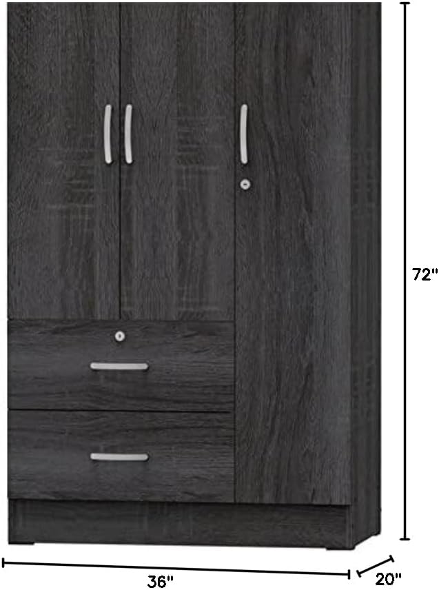 Pemberly Row Modern 2 Drawer Wooden Wardrobe Armoire Closet, Gray Finish, Engineered Wood, 72” H x 36” W x 20” D, Hanging Rod, Shelves, Lockable Drawer, Sleek Bedroom Storage Unit