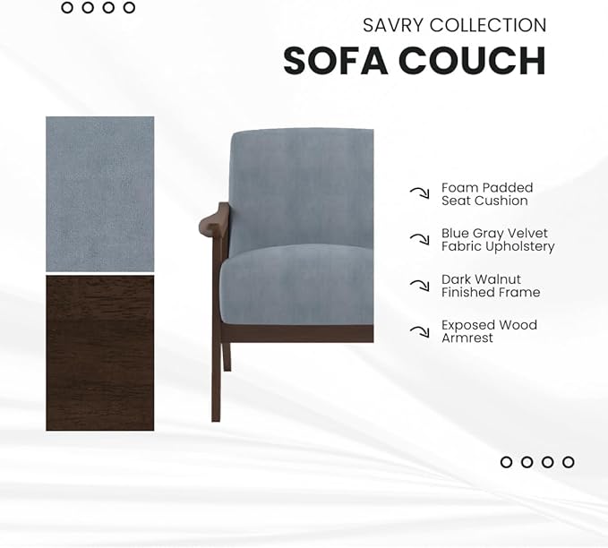 Lexicon Savry 73" W Fabric Wood Arm Sofa, Blue Gray
