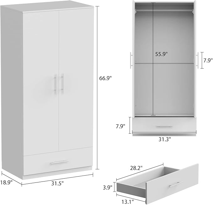 Hitow Wardrobe Armoire Closet with 2 Doors, Freestanding Wardrobe Cabinet with Drawer & Hanging Rod, Bedroom Armoire Clothes Organizer, Type C White (31.5" W x 18.9" D x 66.9" H)