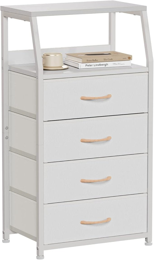 Furnulem Tall 4 Drawers Dresser, Vertical Storage Tower for Bedroom, Hallway, Entryway, Nursery, Closet Organizer, Nightstand Bedside Table Furniture, Sturdy Steel Frame, Wood Top, White by Furnulem