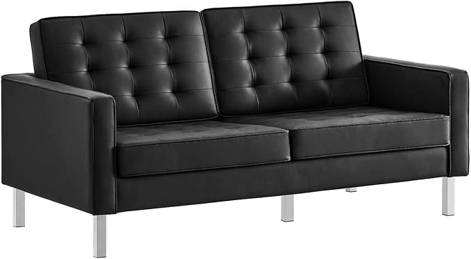 Modway Loft Tufted Button Faux Leather Upholstered Loveseat in Silver Black