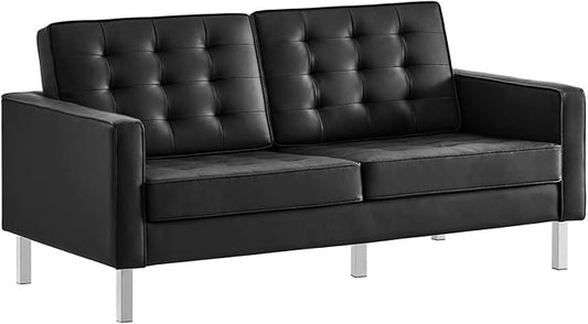 Modway Loft Tufted Button Faux Leather Upholstered Loveseat in Silver Black