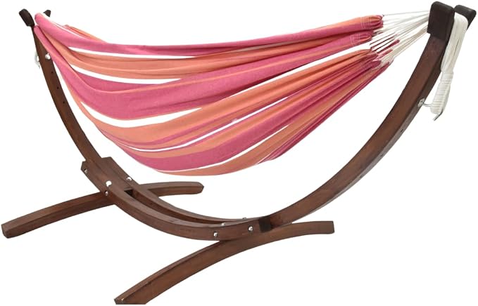 Vivere Double Cotton Hammock with Solid Pine Arc Stand - 450 lb Capacity, Durable FSC Wood Frame, Comfortable 87 Bed, Includes Hardware & User Guide (Mimosa) by Vivere