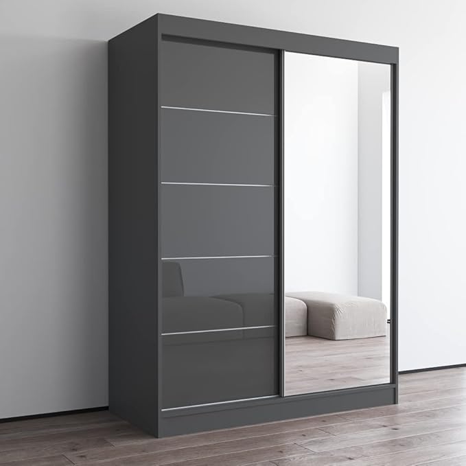 Meble Furniture Aria 2D Wardrobe with Mirror Doors — Spacious Storage with Shelves and Hanging Space — Modern Armoire Closet — Gray with Mirror, 80" H x 59" W x 26" D