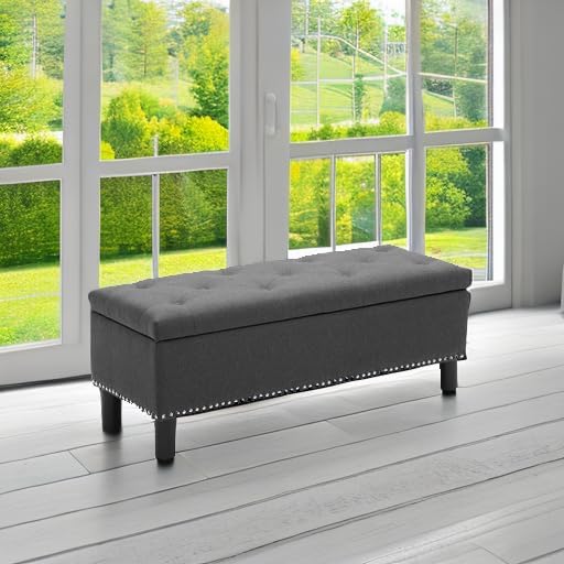 Furniliving Ottoman Bench with Storage, Folding Storage Ottoman Bench with Wood Legs, Upholstered Bedroom Bench with Button-Tufted, Entryway Bench Storage Bench for Bedroom, Linen (Darkgrey) - Image 6