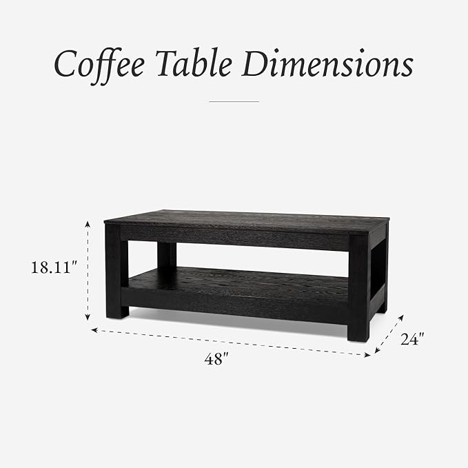 Maven Lane Paulo Coffee Table – 18 Inch Rectange Table with Storage – Black Solid Wood – Ideal for Living Room and Lounge