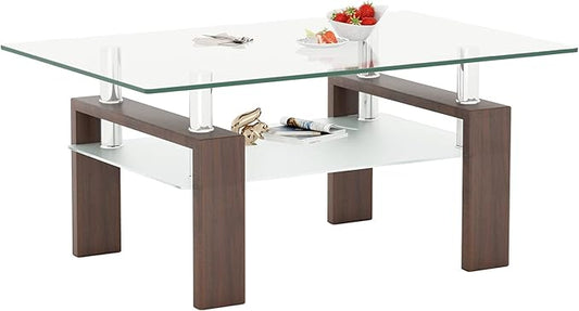 IANIYA Black Walnut Rectangle Tempered Glass Coffee Table Metal Tube Legs End Table for Livingroom