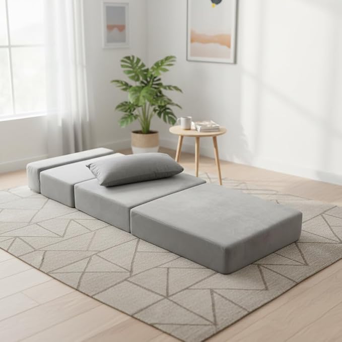 Folding Sofa Bed, Convertible Sleeper Chair with Pillow, Foldable Mattress & Back Support, Portable Floor Lounger Futon for Apartment, Dorm, Living Room, Bedroom, Grey