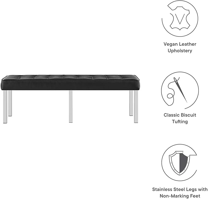 Modway Loft Tufted Button Faux Leather Upholstered Large Accent Bench in Silver Black