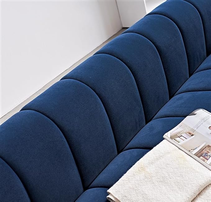 Art Deco Velvet Sofa with Tufted Low Back Design, Sophisticated 3 Seater Couch for Living Rooms, 89 Inch Wide, Easy Assembly, Blue