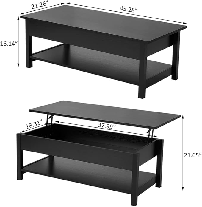 Panana Lift Top Coffee Table with Hidden Compartment and Open Shelf, Lift Tabletop Pop-Up Tea Table for Living Room, 45.28" L, Black