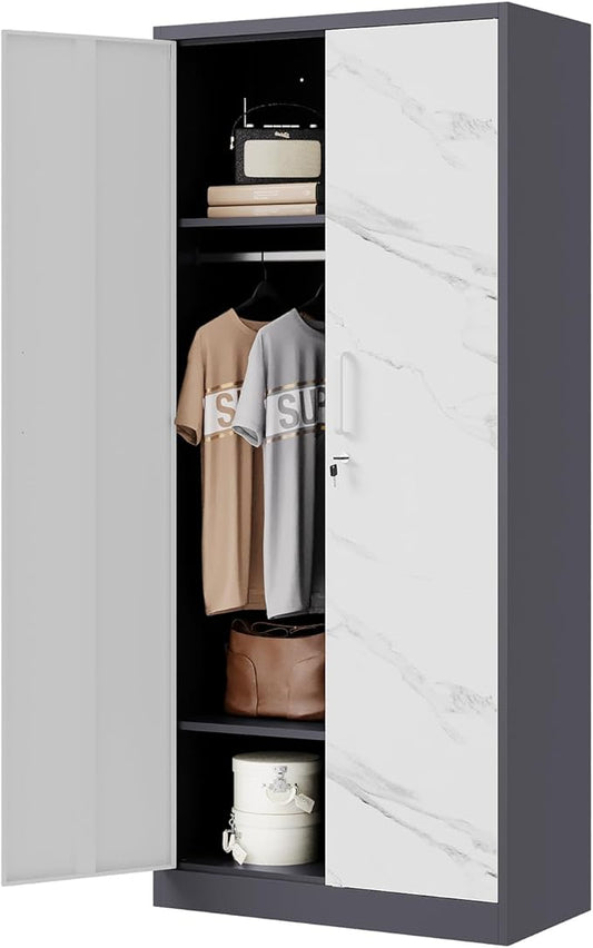 Letaya Wardrobe Closet, 72" H Clothing Storage Cabinet with Adjustable Shelves and Hanging Rod, Bedroom Armoire Clothes Organizer (White Gray)