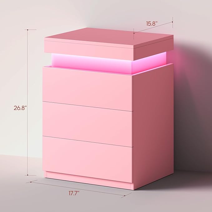 ADORNEVE Nightstand with Charging Station and LED Lights,Night Stand with Sliding Top,Bedside Table with Drawers,Modern End Side Table for Bedroom,Pink - Image 2