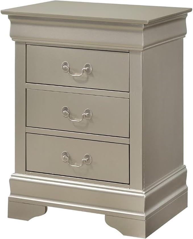 MAKLAINE Contemporary 3 Drawer Nightstand, 29 in H x 21 in W x 16 in D, Wood Veneer Finish, Silver Champagne, Dovetailed Drawers, Fully Assembled, Modern Bedroom Storage Furniture by Maklaine