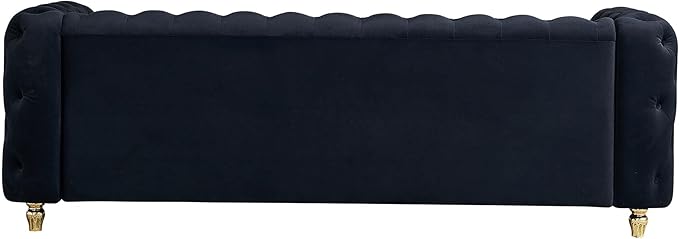 KEIKI 86" Chesterfield Velvet Button Tufted Sofa with High Density Foam Cushions and 2 Toss Pillows, Modern Style 3-Seater Couch with Gold Strip Trim Decoration, Easy Assembly, for Living Room, Black
