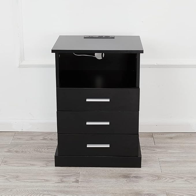 Halitaa Black LED Nightstand with Charging Station, Side Table with 3 Drawers and Light, End Table with Open Storage, Beside Cabinet for Bedroom (Black) - Image 10