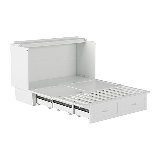 AFI, Chelsea Mid-Century Modern Queen Solid Wood Murphy Bed Chest with 6" Mattress, Storage Drawer & Built-in USB Charger, White
