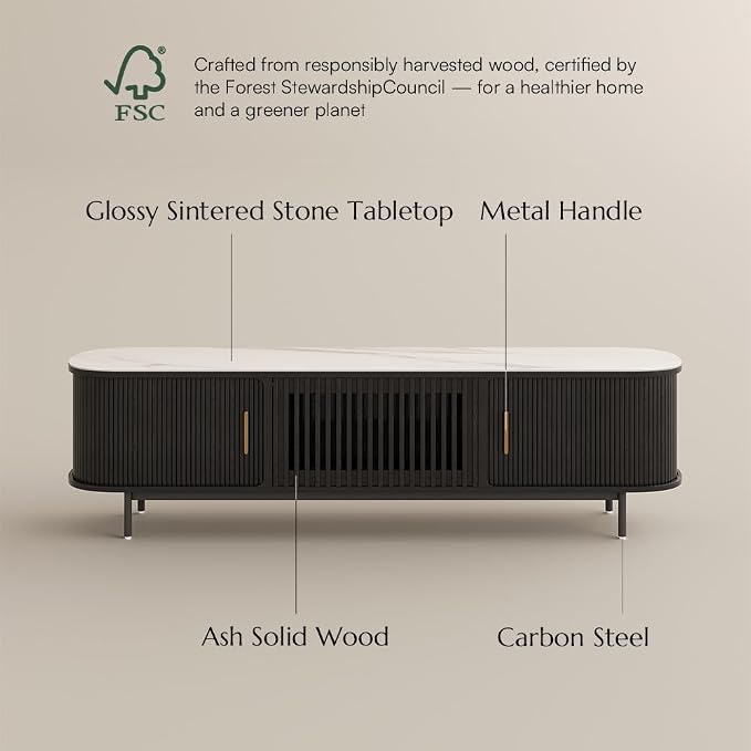 POVISON Fully-Assembled Sliding Tambour Door TV Stand, Mid Century Modern Sintered Stone TV Console, Wood Media Console for 75 Inch TV, Entertainment Center with Storage Cabinet(Black, 78.74") - Image 7