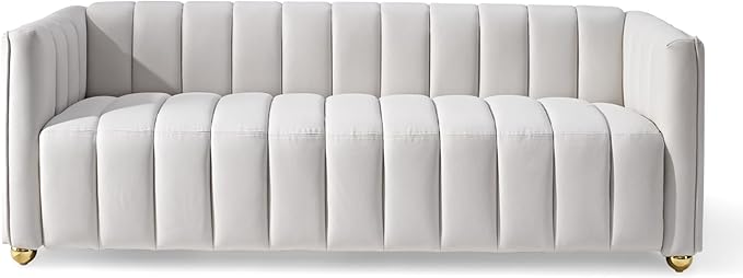 Direct Glam Fabric Upholstered Solid Wood Frame 82.7" Art Deco Sofa for Living Room, Office, Sophisticated 3 Seater Couch, Ivory