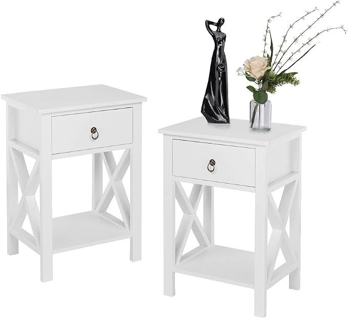 Bonnlo White Nightstand Set of 2, Night Stand Set of 2 with Drawer, Farmhouse Nightstand, End Table/Bed Side/White Side Table for Small Spaces, Kids Room, Bedroom by Bonnlo
