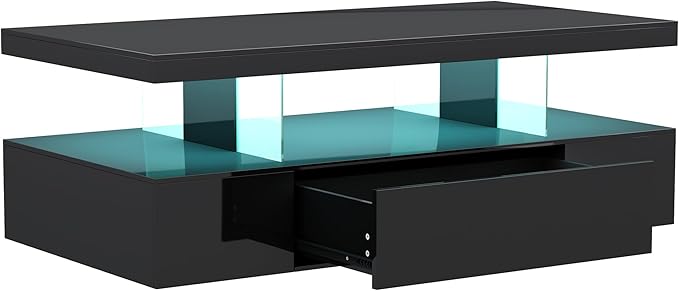 ChooChoo Modern LED Coffee Table, High Glossy Center Table with Drawer, Black Coffee Table with Storage for Living Room, Bedroom