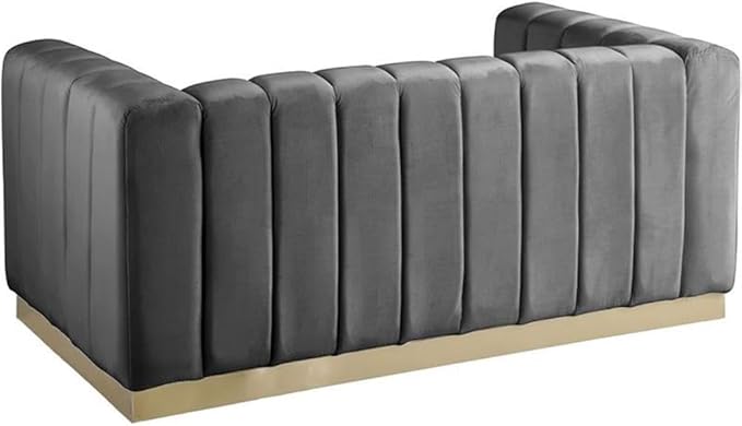 Meridian Furniture 603Grey-L Marlon Collection Modern | Contemporary Velvet Upholstered Loveseat with Deep Channel Tufting, Stainless Steel Base in a Brushed Gold Finish, Grey, 62.5" W x 34" D x 28" H