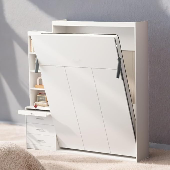 Full Size Murphy Bed Cabinet with Shelf and Drawers, Plywood Hidden Beds,Wall Bedframe for Bedroom,Space-Saving, Noise Free, White