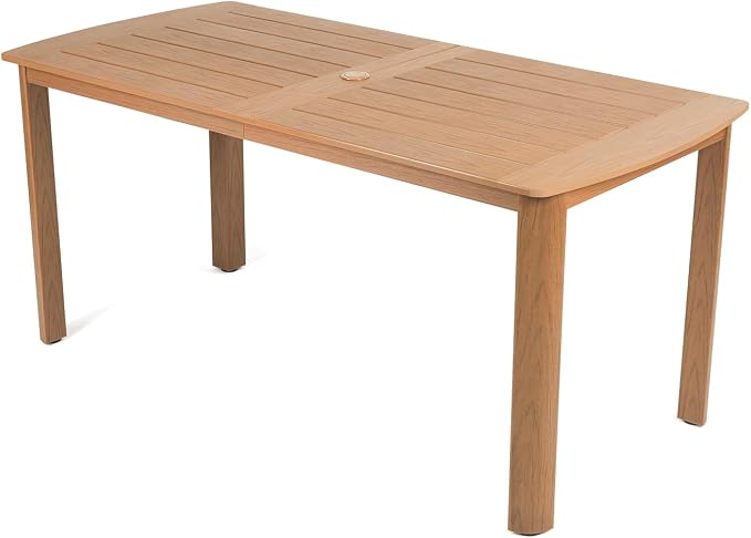 Outdoor Rectangle Dining Table with Rounded Edge, 67" All-Weather HIPS Patio Table for 6, Outdoor Furniture with Umbrella Hole, Ideal for Garden, Poolside, Backyard, Deck, Teak by Kibaso