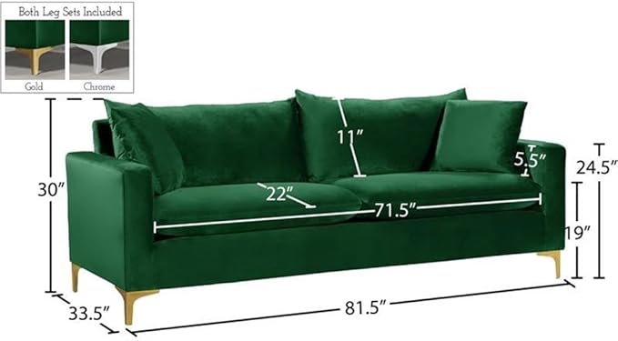 Meridian Furniture Naomi Collection Modern | Contemporary Green Velvet Upholstered Sofa with Stainless Steel Base in a Rich Gold or Chrome Finish, 81.5" W x 33.5" D x 30" H (633Green-S)