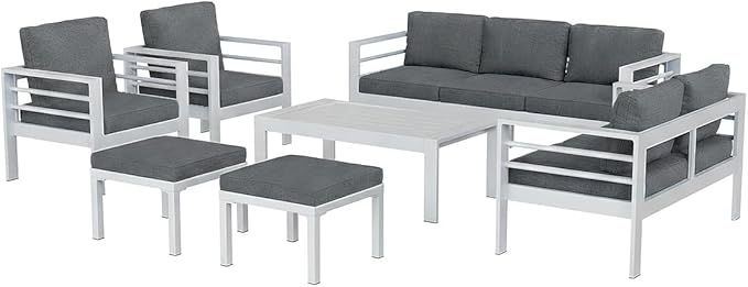 AECOJOY Aluminum Patio Furniture Set, 9 Seats Modern Outdoor Furniture with Coffee Table, 7 Pieces Metal Conversation Sectional Sofa, White Frame/Dark Gray Cushion