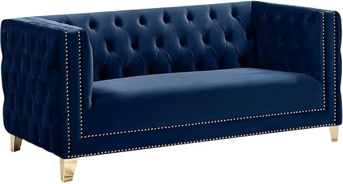 Meridian Furniture 652Navy-L Michelle Collection Modern | Contemporary Loveseat with Deep Button Tufting, Gold Nailhead Trim and Sturdy Gold Iron Legs, Navy Velvet, 66" W x 34" D x 30" H
